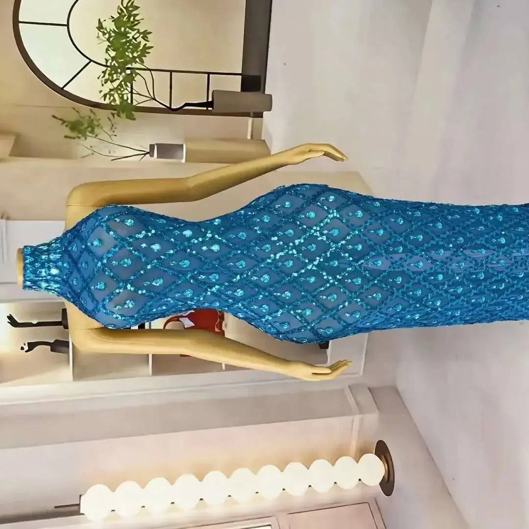 

Празднуйте наряд, синее платье без рукавов с блестками на день рождения, блестящее вечернее платье с ромбовидной сеткой, прозрачные платья для выпускного вечера Shaokai