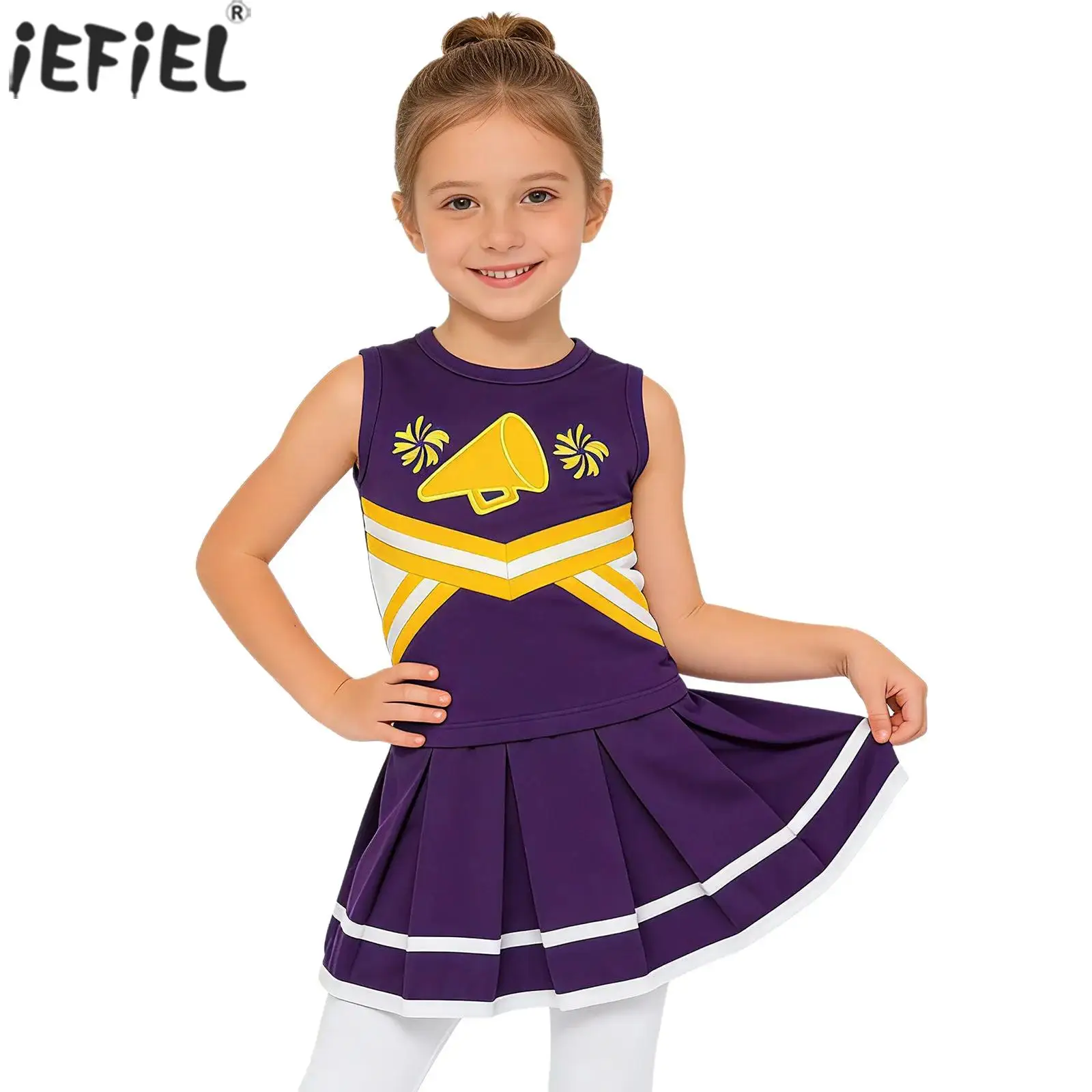 Kids Girls Halloween Cheerleading Cosplay Costume Schoolgirl Cheerleader Uniform Embroidery Letter Cheer Dance Tops with Skirt