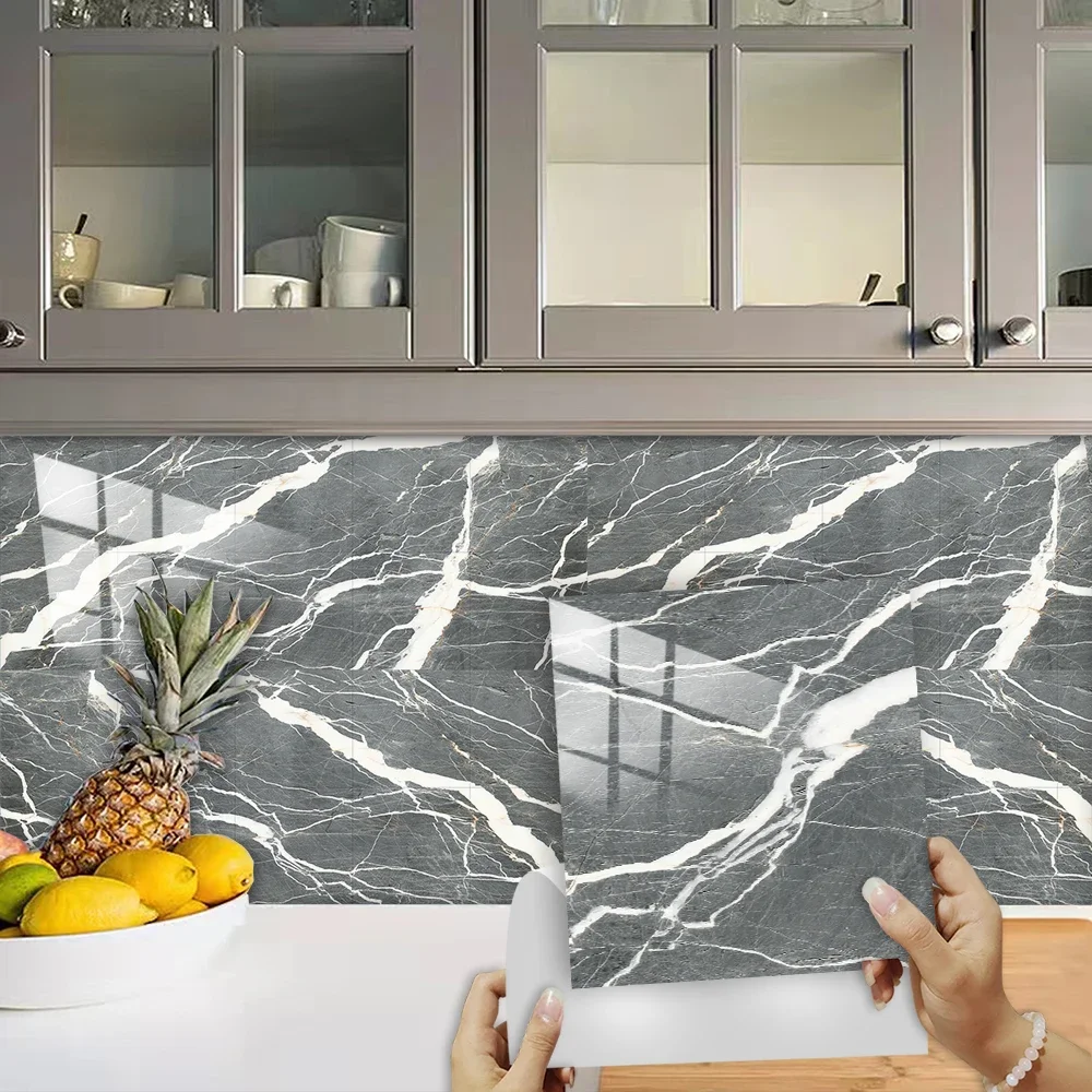 10pcs Cement Gray Marble Tiles Sticker Kitchen Backsplash Oil-proof Bathroom Washbasin Peel & Stick Waterproof Art Wall Decals