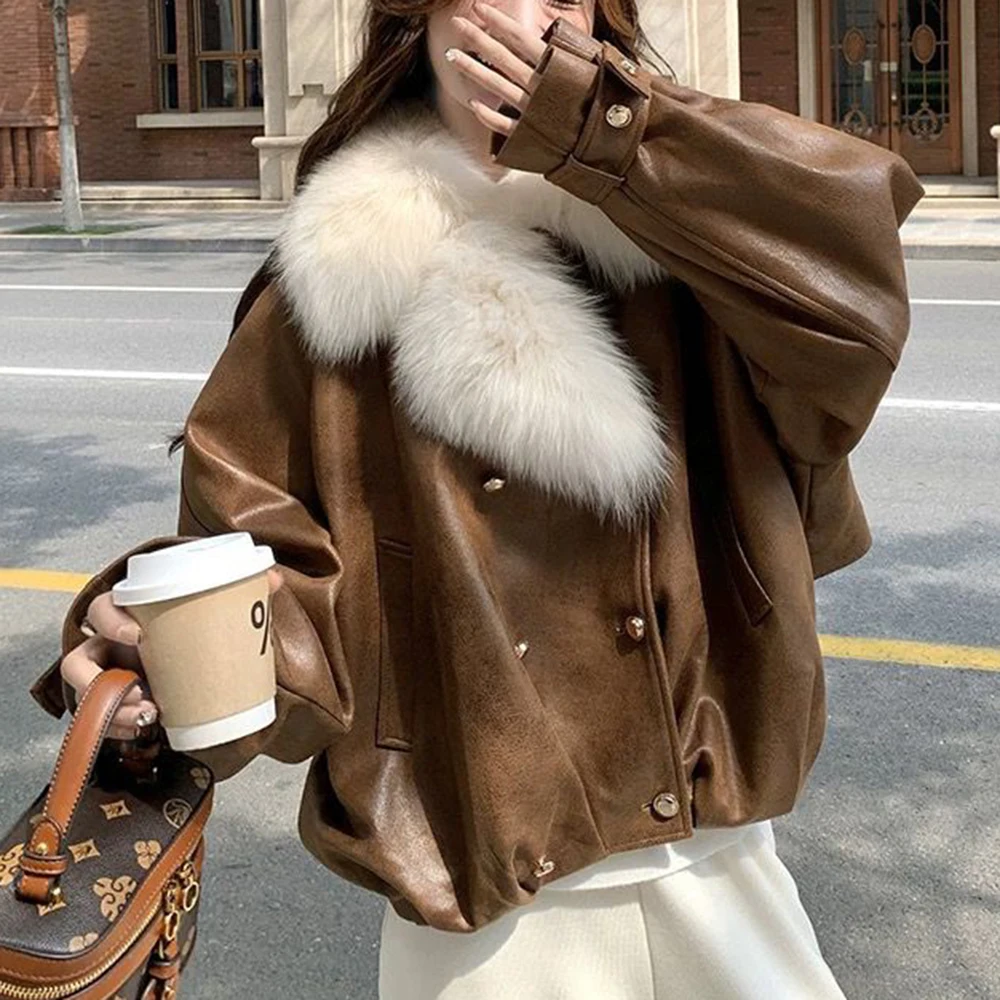 Caramel color big fur collar fur integrated down jacket women's winter 2025 new Maillard high-end casual thick coat