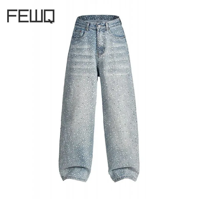 FEWQ High Street Men's Denim Pants Hot Diamond Polka Dot Design Casual Trousers Straight Wide Leg Loose Male Jeans Chic 24K1191