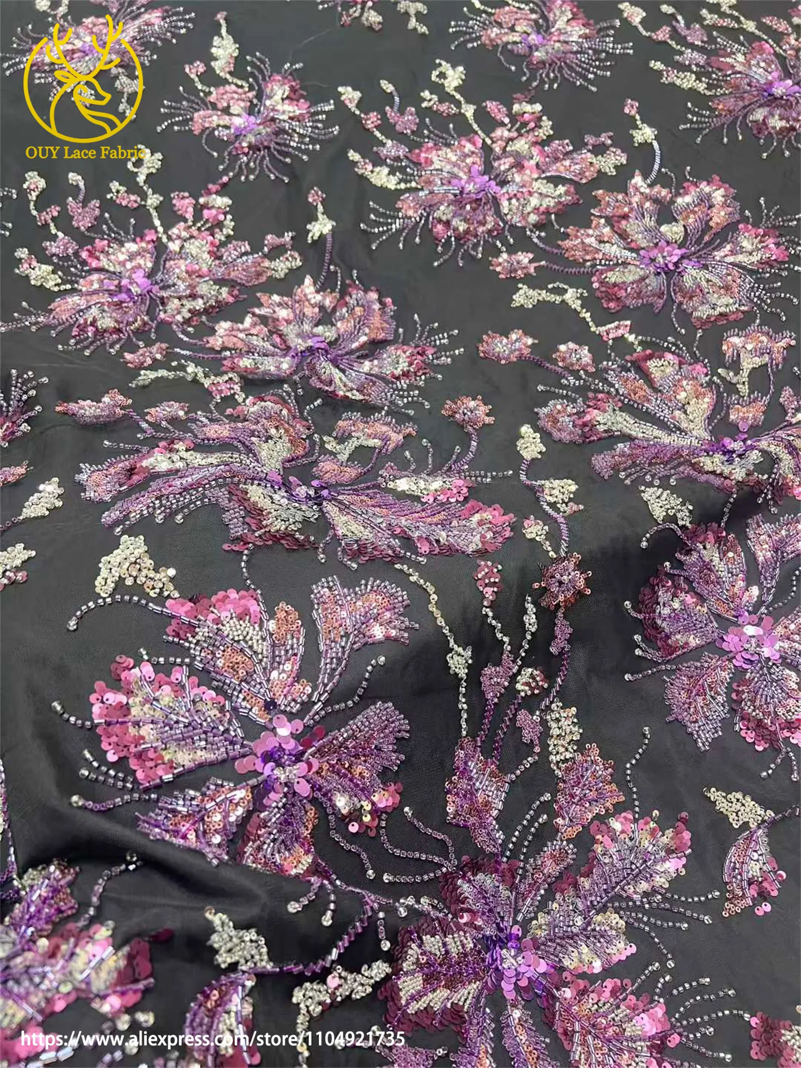 Afrikanischer Netz-Stickerei-Pailletten-Spitzenstoff 2026 Luxuriöser Französischer Tüll Perlenbesetzter Stoff für Damen-Partykleider Nähstoff 5 Yards – Detail 13
