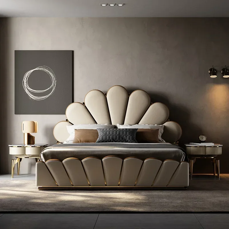 Italian minimalist bed large apartment light luxury leather double bed villa master bedroom modern high-end luxury design