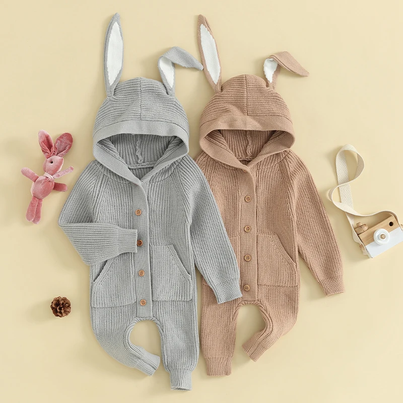 2023-11-28 Lioraitiin Baby Girl Boy Bunny Jumpsuit Long Rabbit Ear Hoodie Knitted Sweater Romper Newborn Easter Outfit Clothes