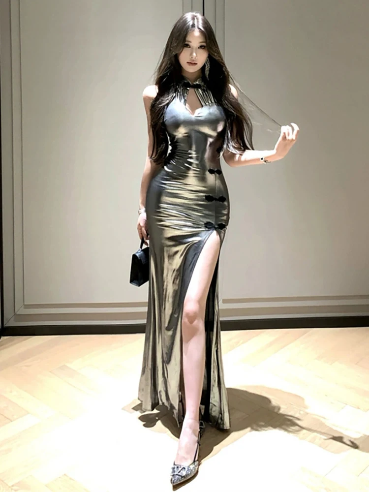 RORORIRI haute fente Cheongsam Sexy robe Maxi pour les femmes mode argent brillant robe mince moulante Club soirée de luxe fête