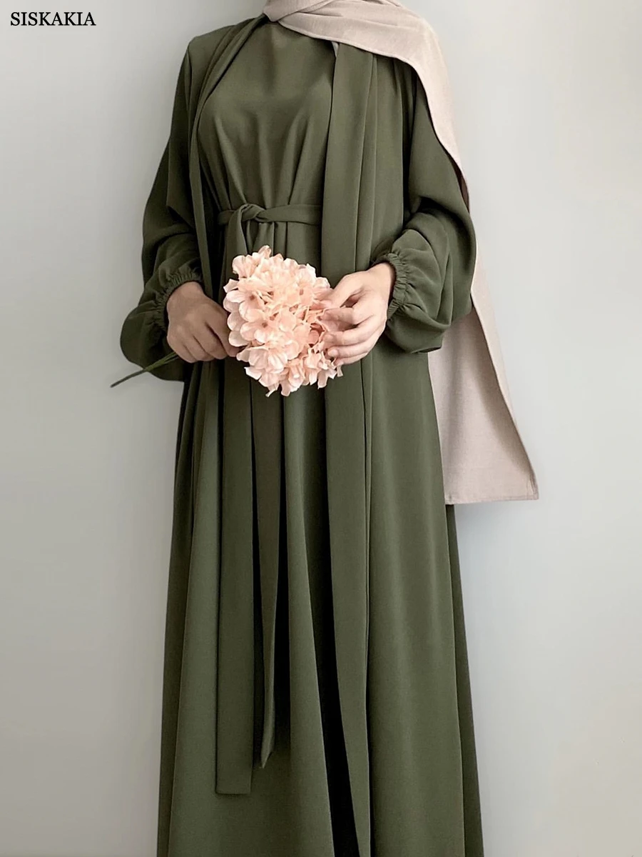 Siskakia Muslim Women Sets With Hijab Belted Open Kimono And Sleeveless Under Dress Jalabiyat Ramadan Eid 2024 Kuwaiti Outfits