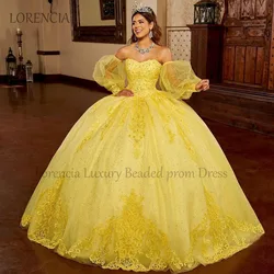 Yellow 2024 Mexican Quincenara Dress Beading Applique Lace Sweet 15 16 Ball Gown Flower Sleeveless Formal Vestidos De XV Anos