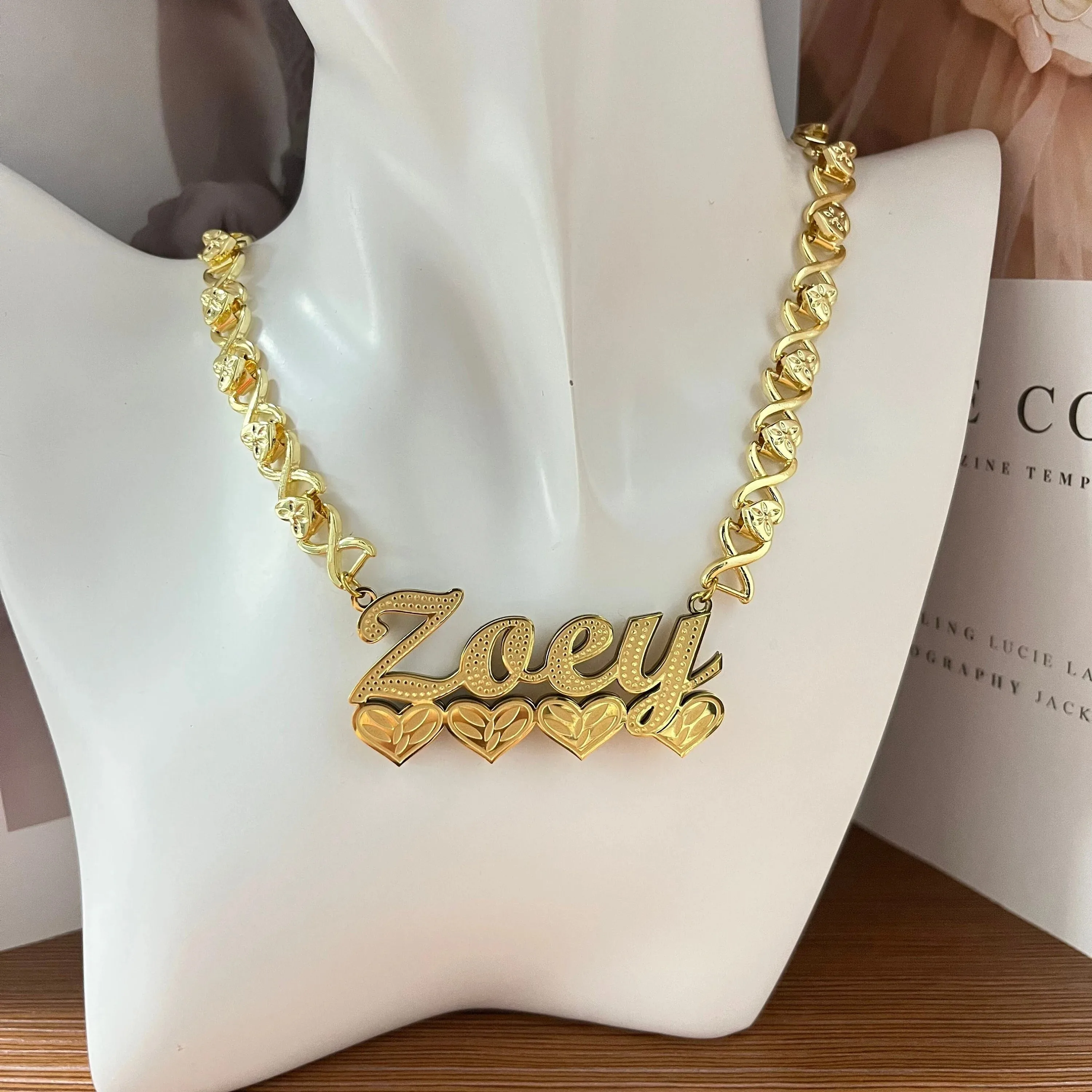 

XO Name Necklace Heart Double Plate Nameplate 18K Gold Plated Custom 3D Name Personalized Jewelry Birthday Gift for Women Mom