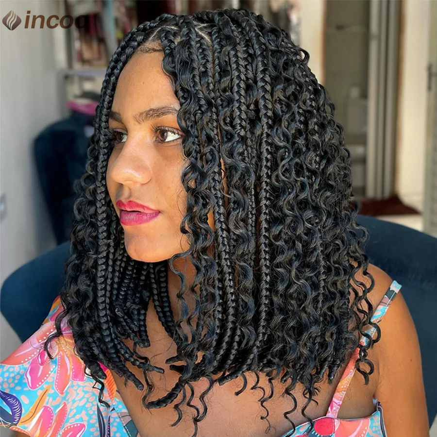 Synthetic Goddess Box Braids Wigs 12 Inches Boho Full Lace Knotless Braids With Curly Hair Cornrows Braided Wigs For Black Women