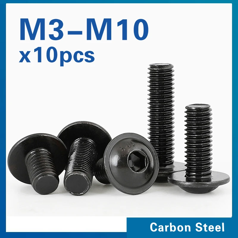 10pcs Grade 10.9 Black Hex Hexagon Socket Round Button Flange Head With Washer Collar Screw Bolt M4 M5 M6 M8