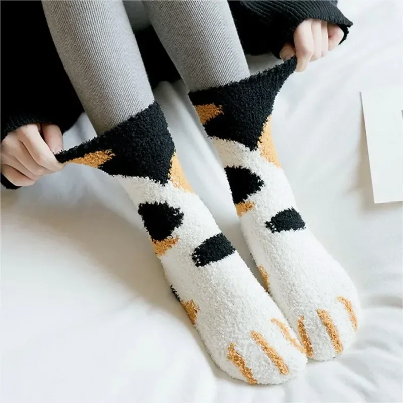 Autumn Winter Cute Cat Claw Cartoon Pattern Women Socks Plush Thickened Super Soft Warm Kawaii Furry House Sleeping Floor Socks