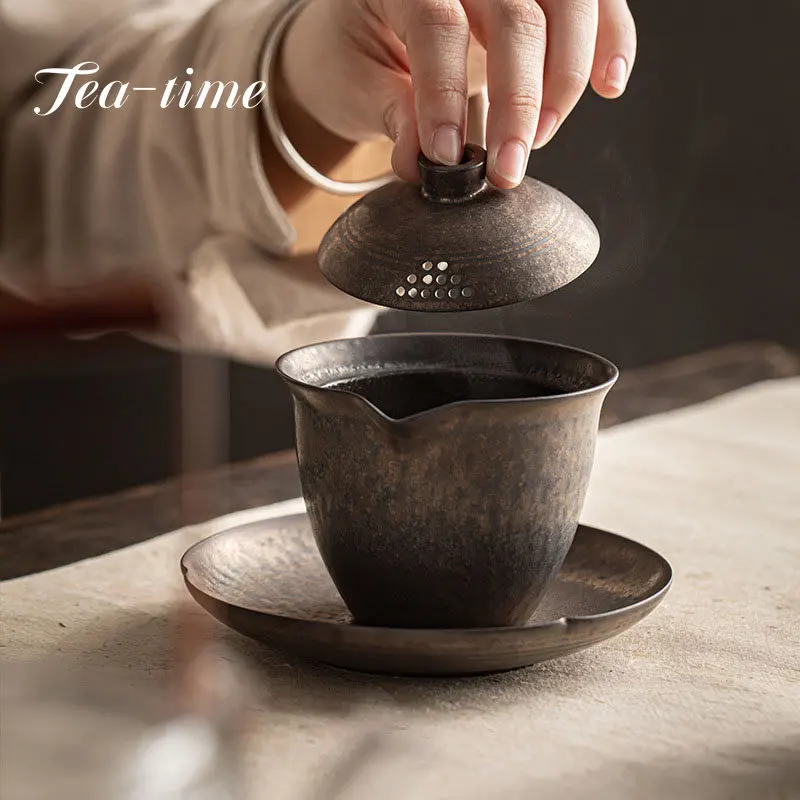 200ml Chinese-style Gilt Glaze Ceramic Tea Tureen Retro Hand-held Pot Hanmade Coarse Pottery Tea Maker Gaiwan Kung Fu Tea Set