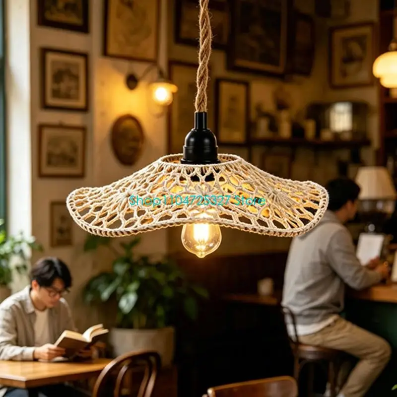 D8KF Round Flared Rope Lamp Shade with Openwork Handcrafted Texture, Cotton Construction, and Shaped Iron Frame Interior