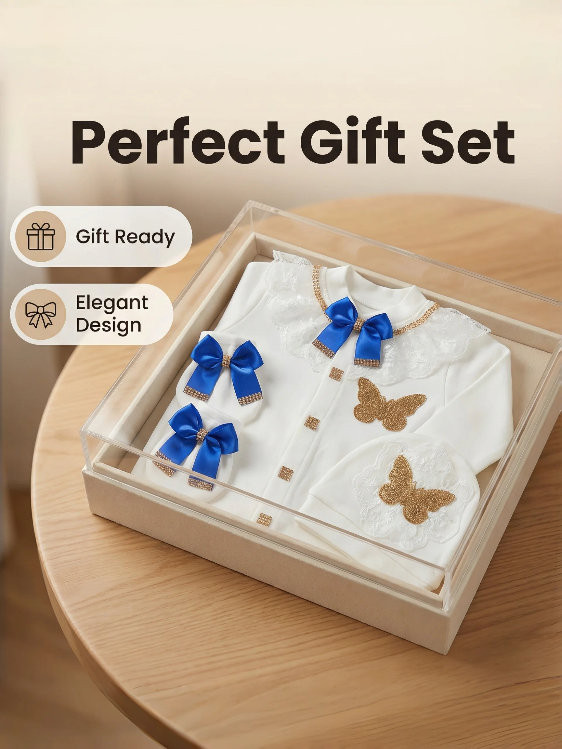 3ピース金彩クリームコットン新生児ベビーセット3d蝶レースネックフット付きロンパース100日祝い家宝
