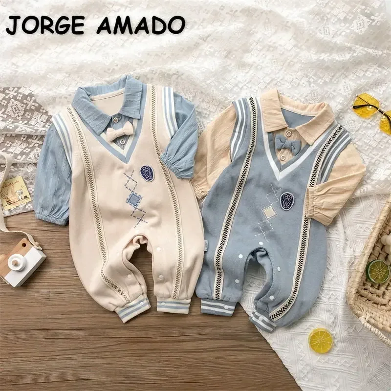 Baby Boy Romper Long Sleeves Blue Apricot Patchwork Bowtie Turn-down Collar Jumpsuit Infant Gentleman Clothes E2205