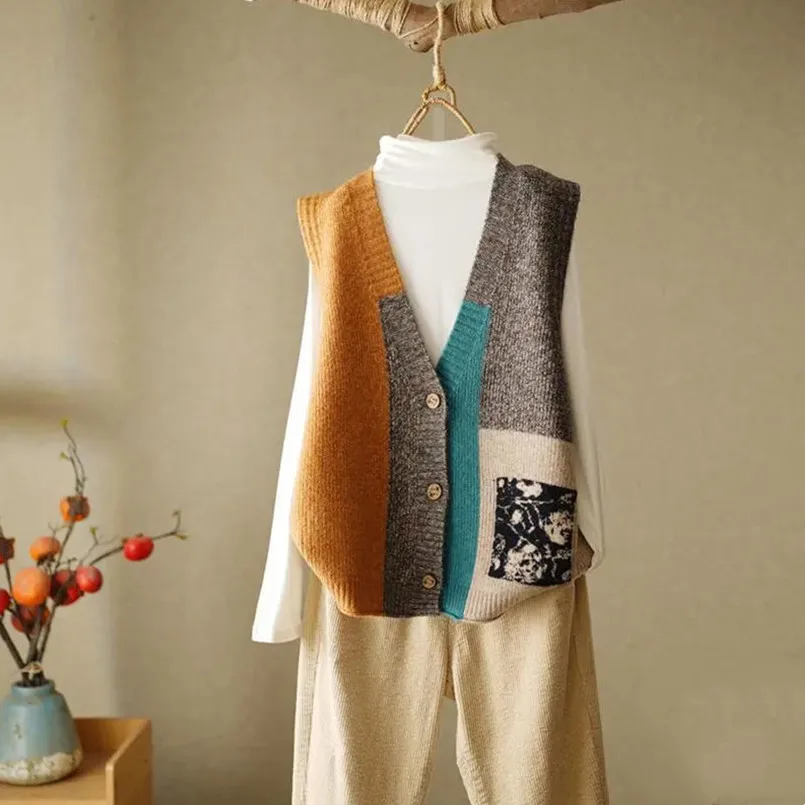 2023 Spring and Autumn New Fashion V-Neck Sweater Knit Tank Top Loose Sleeveless Knitted Cardigan Top Trendy