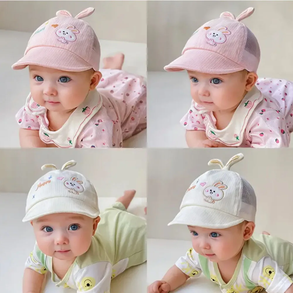 

Newborn Baby Sun Hat, Breathable Baseball Cap for 0-6 Months Youngsters Hat with Magic Tape, Embroidered Bunny Decoration