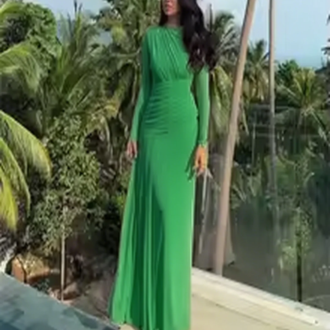 

Customized long-sleeved high-neck A-line sequined ball gown formal evening dresses birthday party prom gowns for women