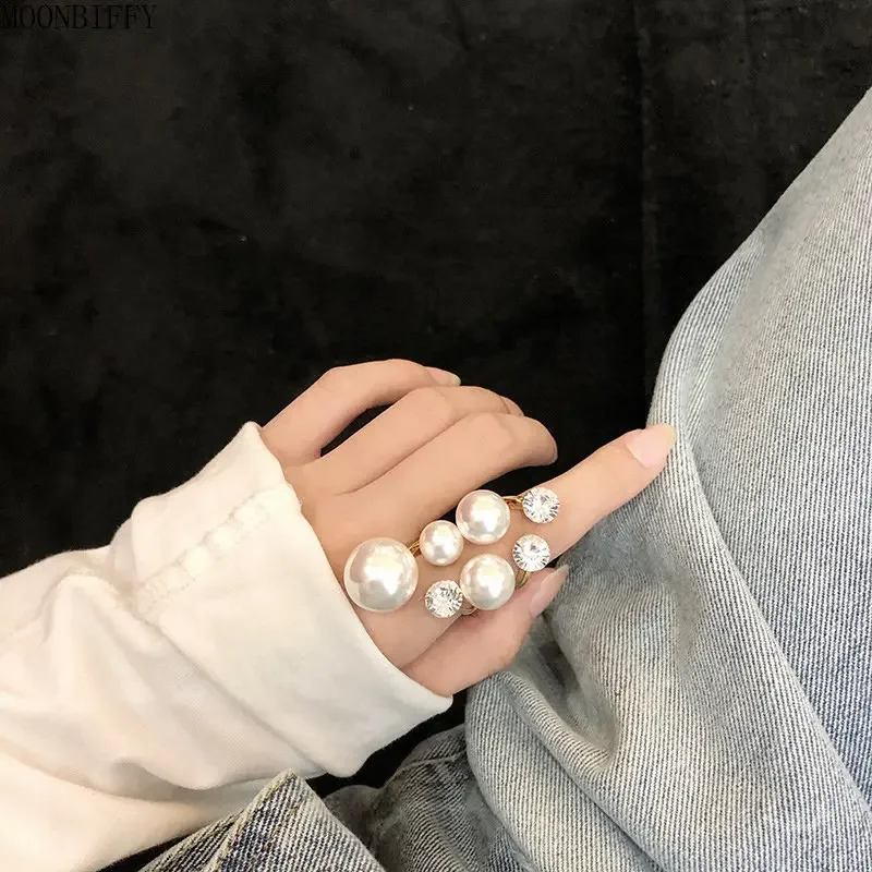 Trendy Oversize Multi Pearl Rings for Women Lady Irregular Crystal Rhinestone Charm Open Ring Korean Wedding Party Jewelry