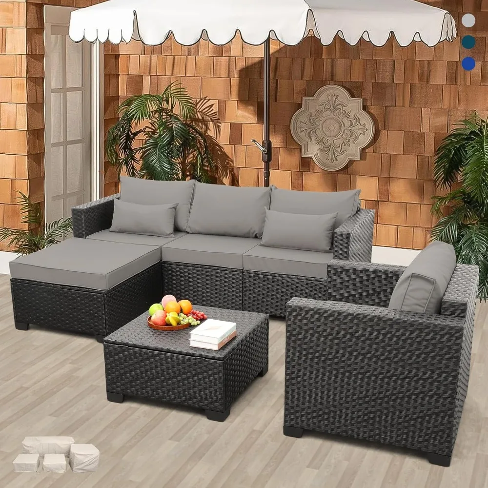 Furnitur Teras Anyaman Sofa Luar Ruangan 4 Buah Set Furnitur Teras Bagian Luar Ruangan dengan Kursi Teras dan Lapisan Penyimpanan Luar Ruangan