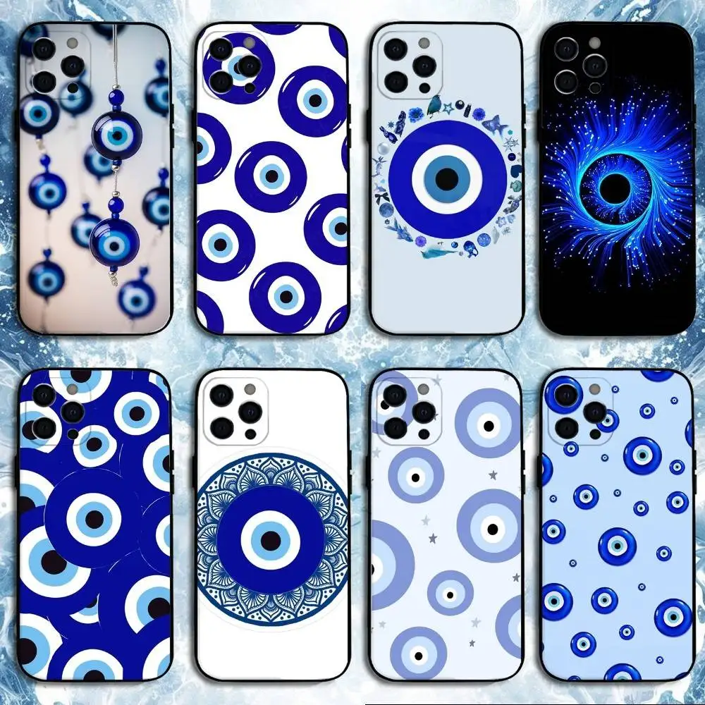 

Lucky Blue Evil Eye Phone Case For iPhone17,16,15,14,13,12,11 Plus,Pro Max, Soft Silicone Black Cover