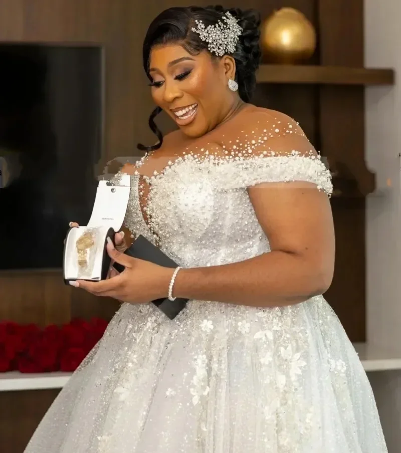 Customized Luxury Sexy Wedding Dresses  Bride Sheer Neck Lace Up Back Beading Sequins Pearls Plus Size Women Africa Bridal Gowns