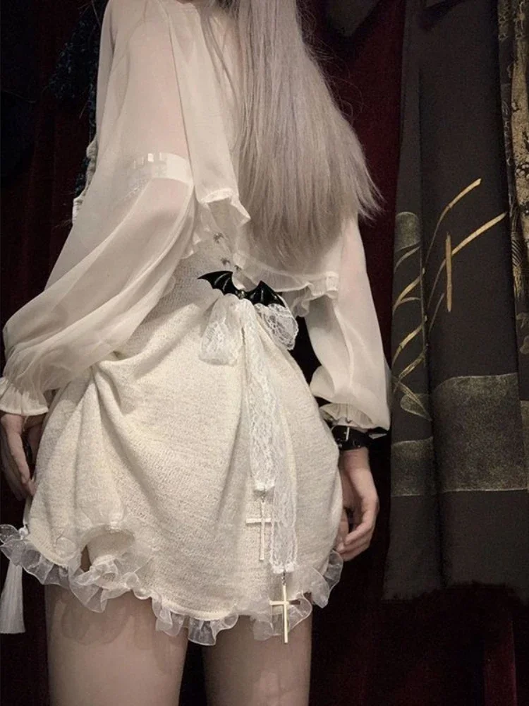 Skull Knitted Dress Women Mini Mesh A-line Sleeveless Elegant Gothic Punk Y2k Clothes Summer Sexy Dark Kawaii Vestidos Vintage