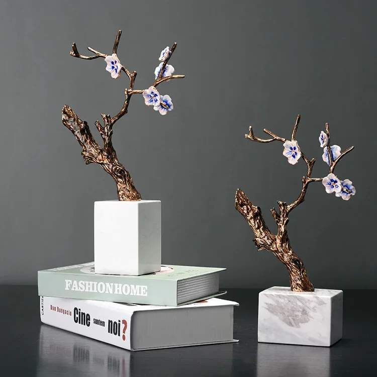 Chinese Plum Blossom Tree Home Decoration, Zen Marble Base, Living Room Furnishings, Crafts, Soft Decor, Modern, VIP