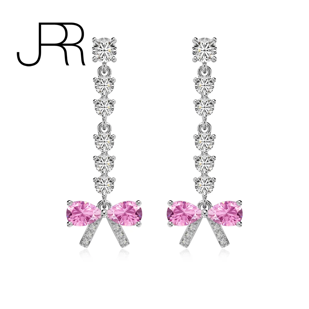 

JRR Trendy 925 Sterling Silver Korean Pink Bowknot Tassle Quality CZ Stone Fine Earrings Studs For Women Girls Free Shipping