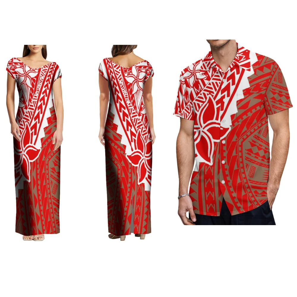 Vestido polinésio feminino e masculino com decote em v, estampa étnica tribal personalizada, saia longa elegante e justa, camisa de casal, temperamento