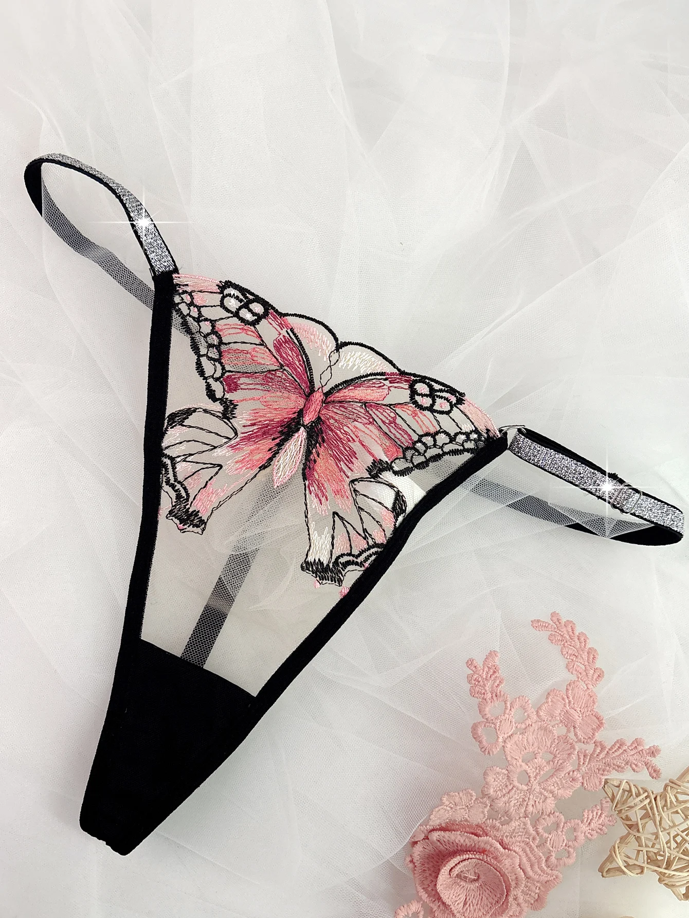 Romance Butterfly Embroidery Bright Silk Ribbon Temptation Black Thong , Women\'s Sexy Lingerie &  Thong