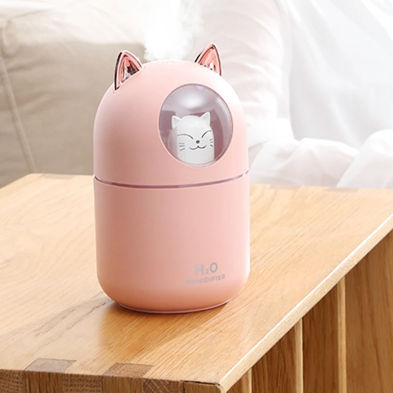 300 مللي USB مرطب الهواء صانع ضباب رائع مبيد مع مصباح ملون لطيف القط ناشر رائحة صغير المرطب الوردي