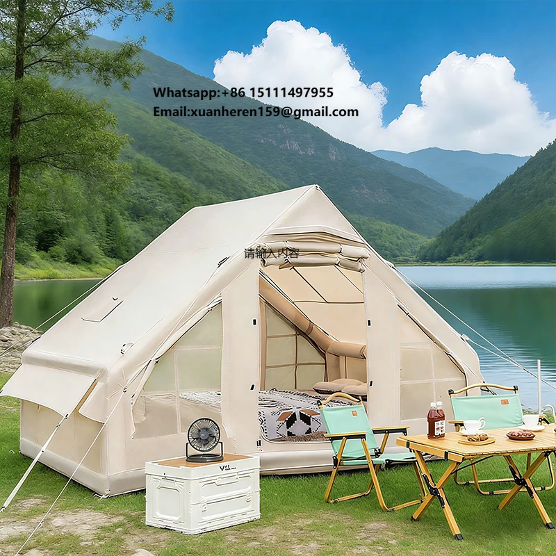 Inflatable One Bedroom Tent Exquisite House Design Double Layer Multi-Person Rainproof Oxford Fabric Camping Room Quick Open