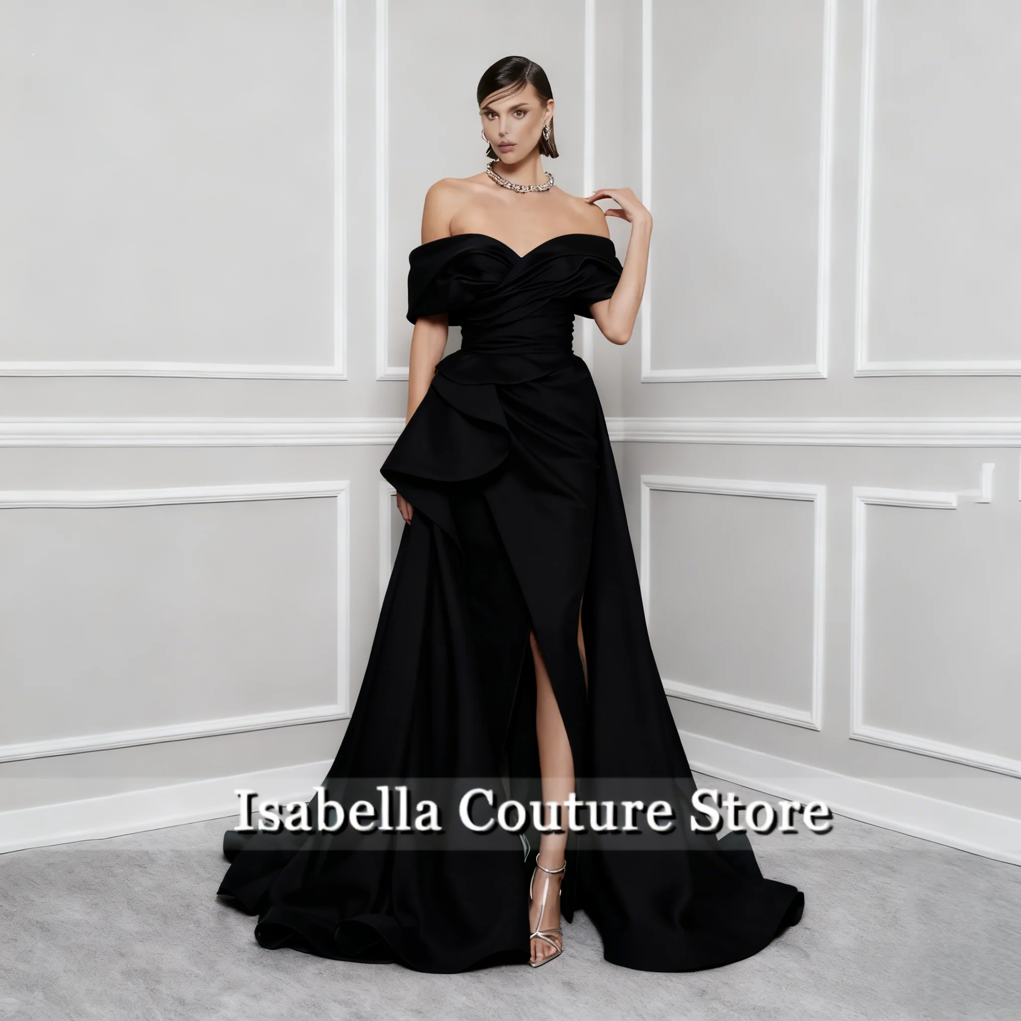 

Red Elegant Prom Gown V-Neck Off the Shoulder Party Dress for Woman Satin Pleating Side Split Evening Dresses Customized