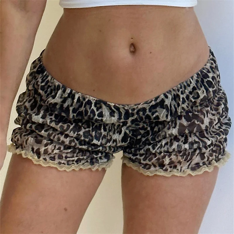 Retro Y2K Frauen Kawaii Leopard Gedruckt Shorts Rüschen Vintage Cottage Shorts Elastische Slim Fit Pumphose Hosen Mode Streetwear