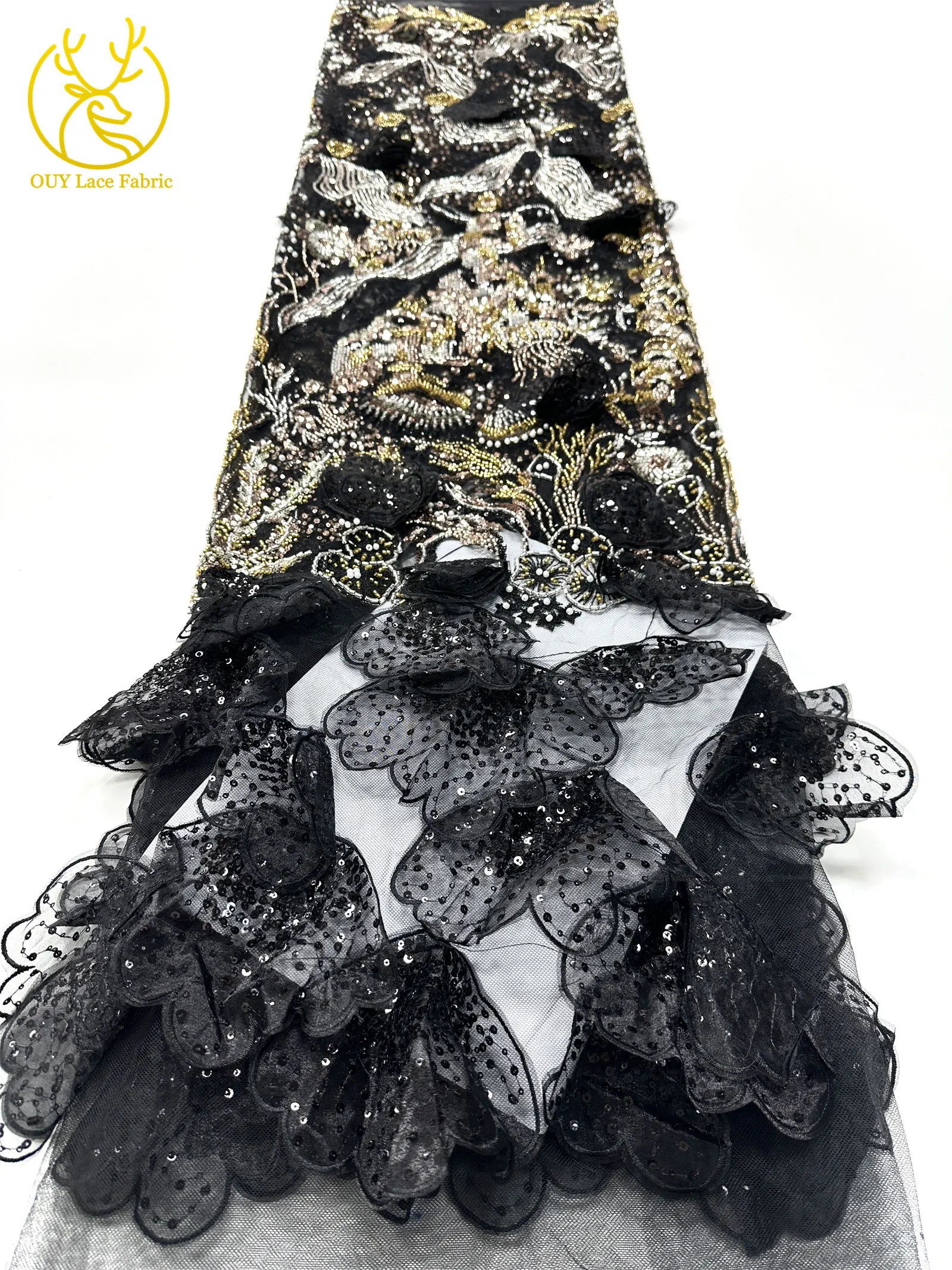 Luxus Schwarz 3D Schmetterling Blumen Stickerei Kleid Spitze Stoff Afrikanische Gold Perlen Pailletten Tüll Spitze Stoff Party Kleider – Detail 9