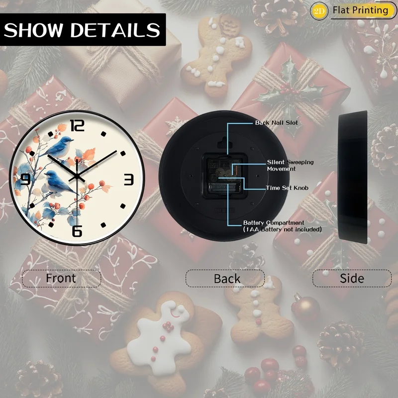 قطعة واحدة من الطيور الحديثة على فروع التوت ساعة حائط صامتة اختيار رائع لهدايا عيد الميلاد للعام الجديد