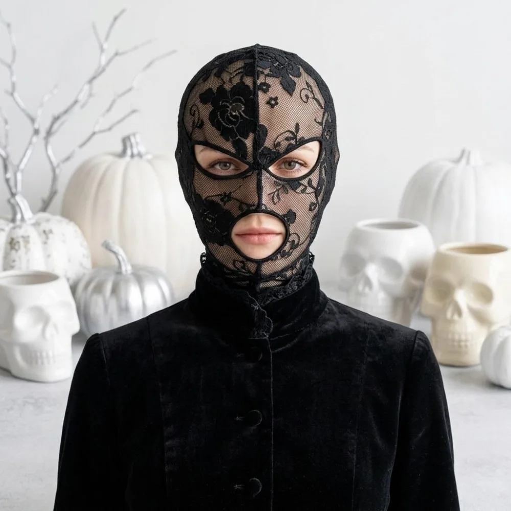 Vintage Halloween Head Cover Quick-dry Elegant Unisex Full Face Headgear Breathable With Eye Mouth Openings Gothic Lace Mask