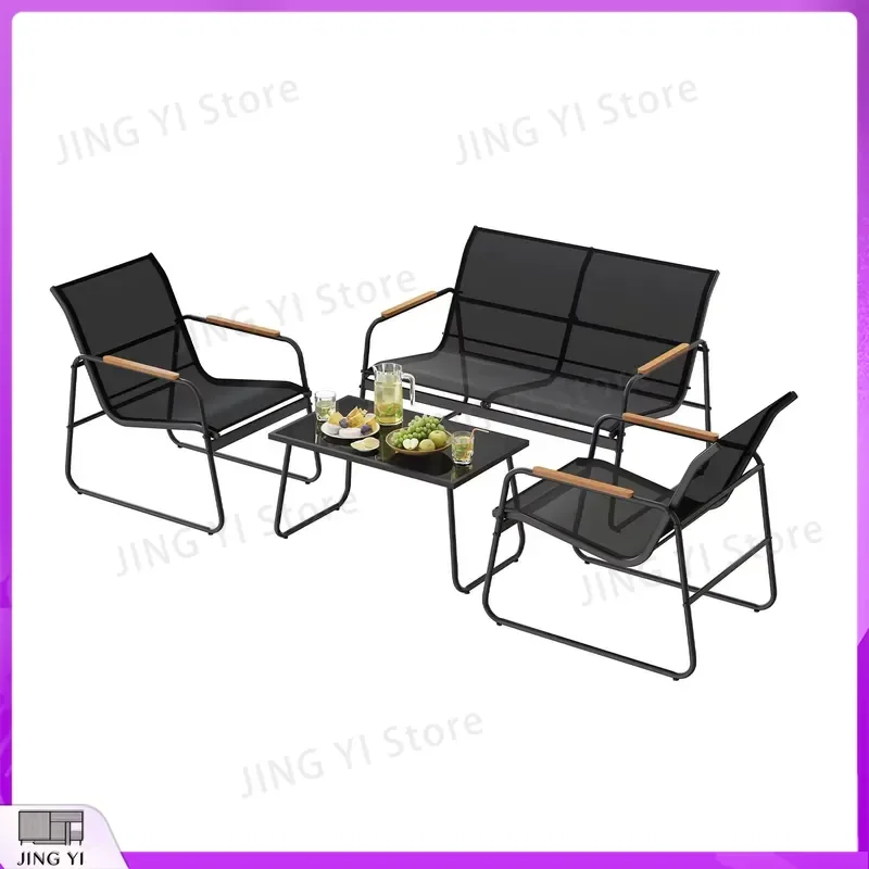 Outdoor Furniture Set Metal Garden Table with Two-Seater Sofa and 2 Armchairs Weatherproof Patio Balcony Seating Set