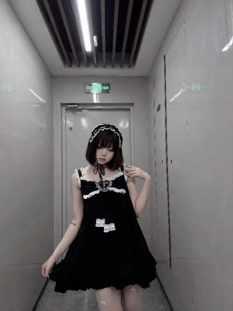 夏多用途甘くてかわいい女の子リボンレースルーズショートドレス日本オリジナルデザイン無地ノースリーブケーキドレス