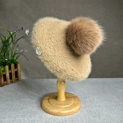 Vendita calda imitazione visone peluche berretto autunno e inverno donna palla di pelliccia di volpe lavorato a maglia cappello ottagonale cappello retrò