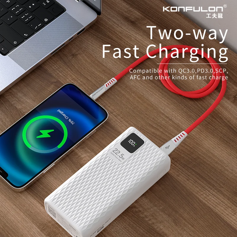 KONFULON Power Bank 20000mAh 22.5W Fast Charge Small Size Portable 30000mAh Large Capacity Outdoor Spare Auxiliary Battery