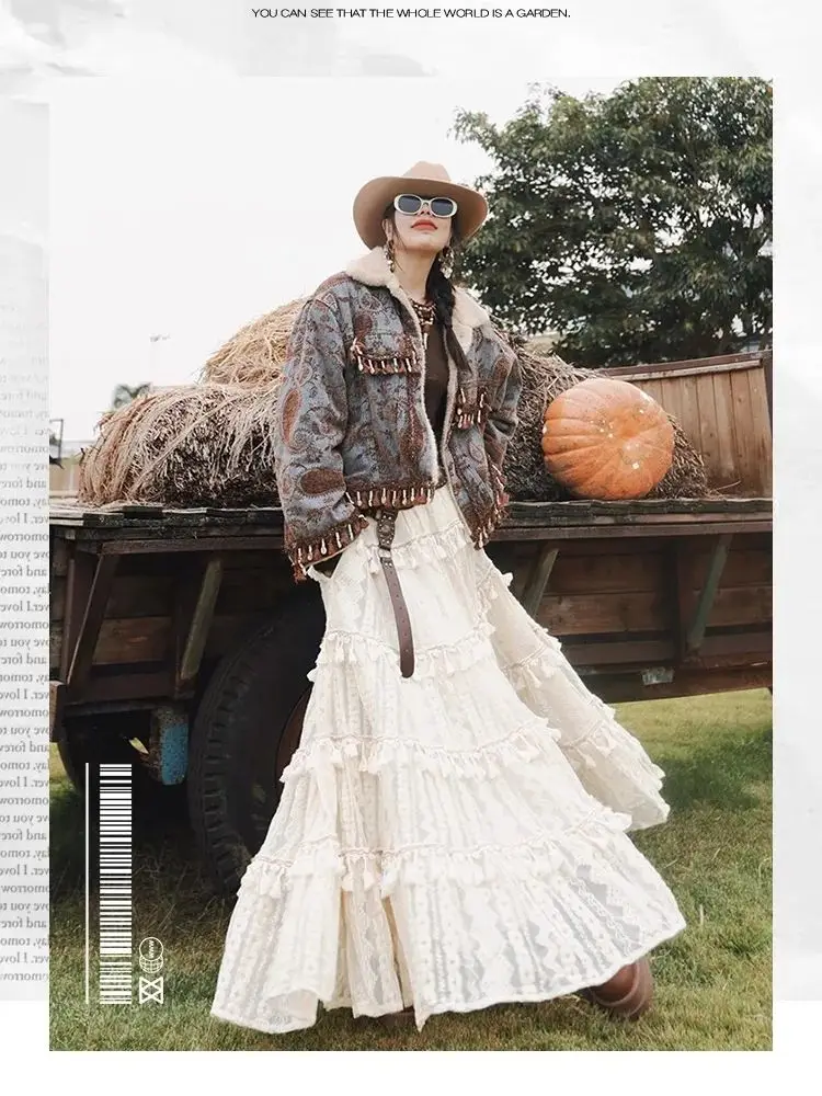 TIYIHAILEY Long Maxi Skirt for Women BeigeEmbroidery Cake Ladies Elastic Waist Spring Autumn New Fashion 2025 Tassels M-L