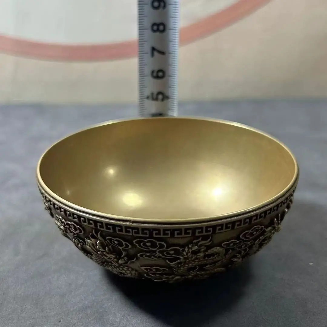 Antique Brass Nine Dragons Bowl Vintage Old Collection Copper Carving Bowl Chinese Feng Shui Wealth Decor Ornament