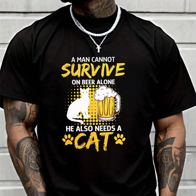 

Summer Beer And Cats Pattern T-Shirt Men Women Loose Breathable Quick Drying Short Sleeved Sports TShirt