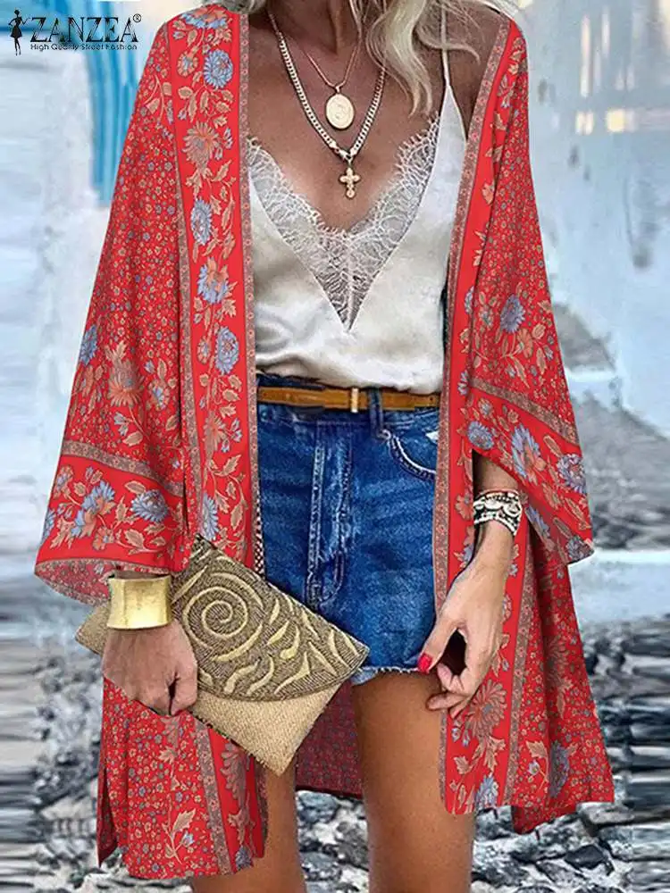 ZANZEA Bohemian Printed Cardigan Fashion Holiday Shirt Women Summer Long Sleeve Blouse Open Up Cover Floral Kimono Causal Tops