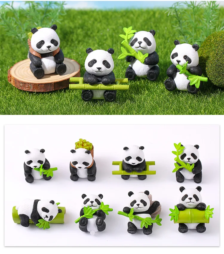 Mini Panda Figurines Resin Animal Ornaments Bamboo Panda Decor for Home Desk Garden Fairy Garden