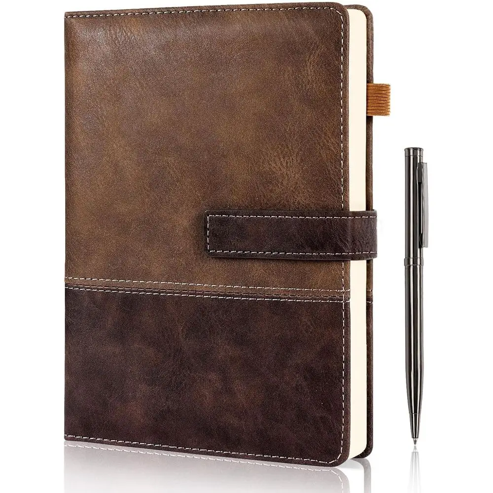 

A5 Lined Leather Notebook with Magnetic Closure, 240-Page Ruled Journal for Men and Women - Brown