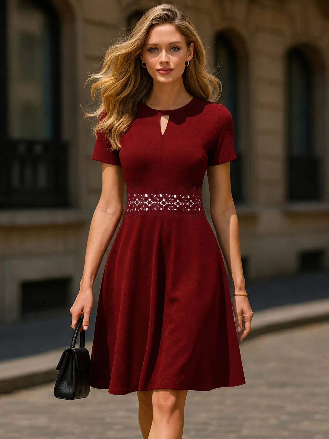 Womens Elegant Summer Crew Neck Short sleeve Lace Waist Cutout High Waist Elegant Office Cocktail Party Dress