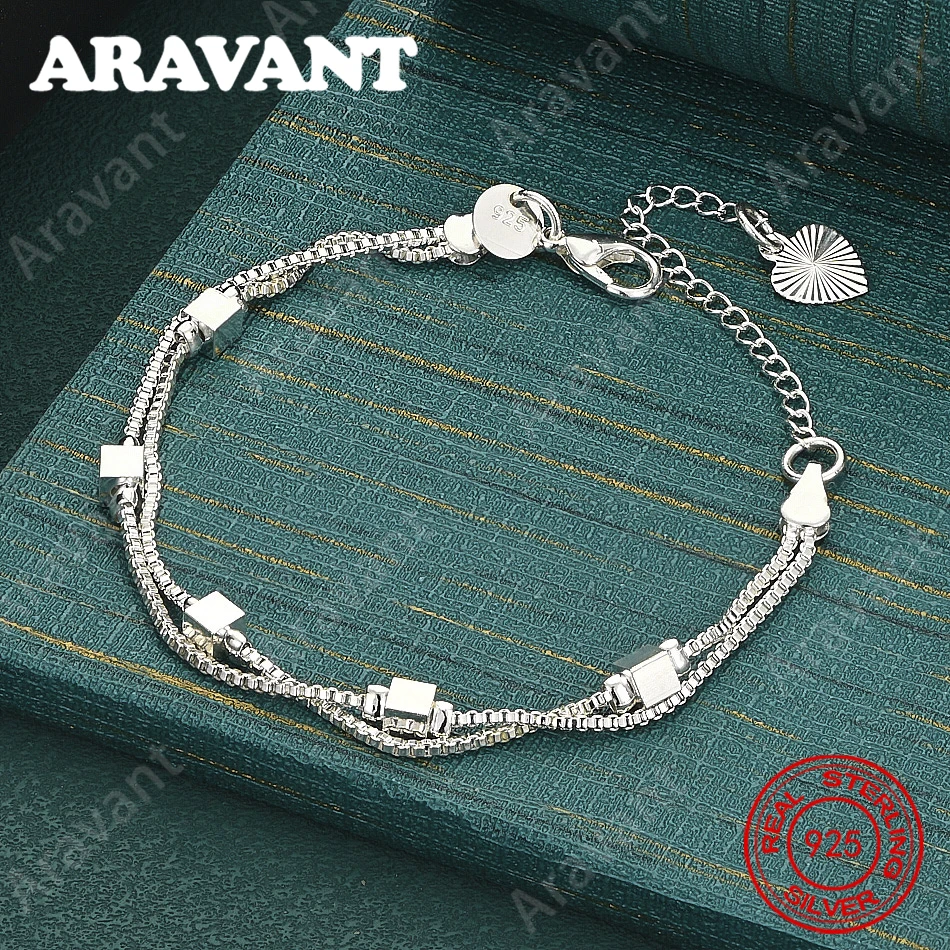 925 Sterling Silver Bracelet Featuring A Square Bead And Round Bead On A Double Box Chain – Stylish Engagement Jewelry For Women